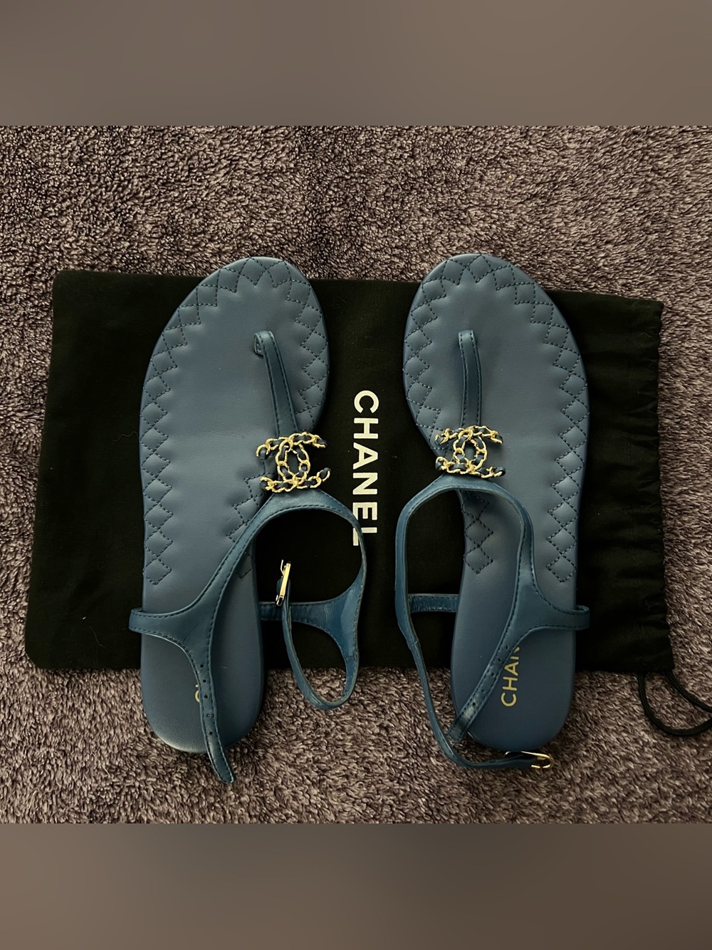 Authentic CHANEL Blue & Gold Thong Sandals - Picture 1 of 3